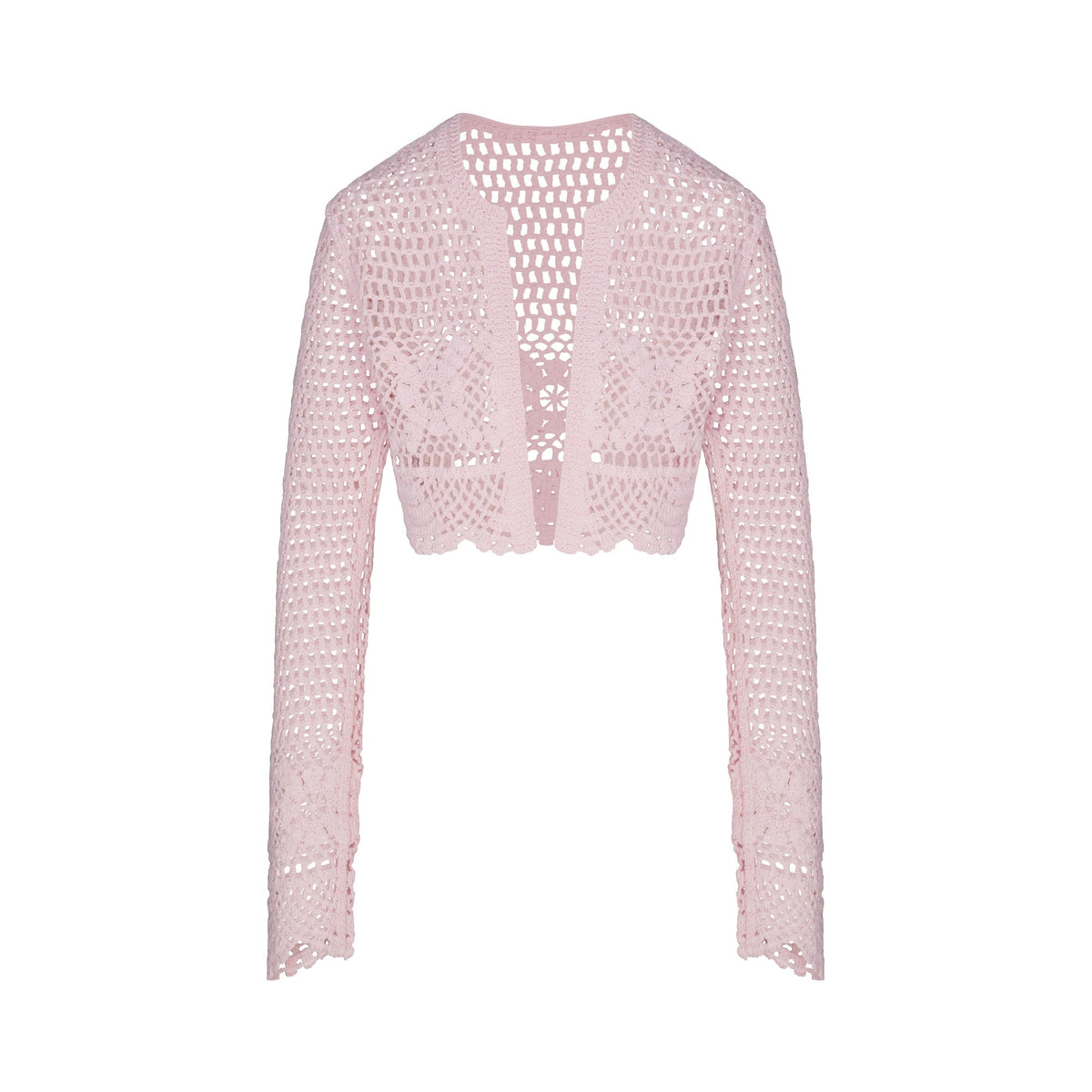 CROCHET COVER-UPS CROPPED CARDIGAN | CHERRY BLOSSOM FLAT ON A WHITE BACKGROUND | FLT