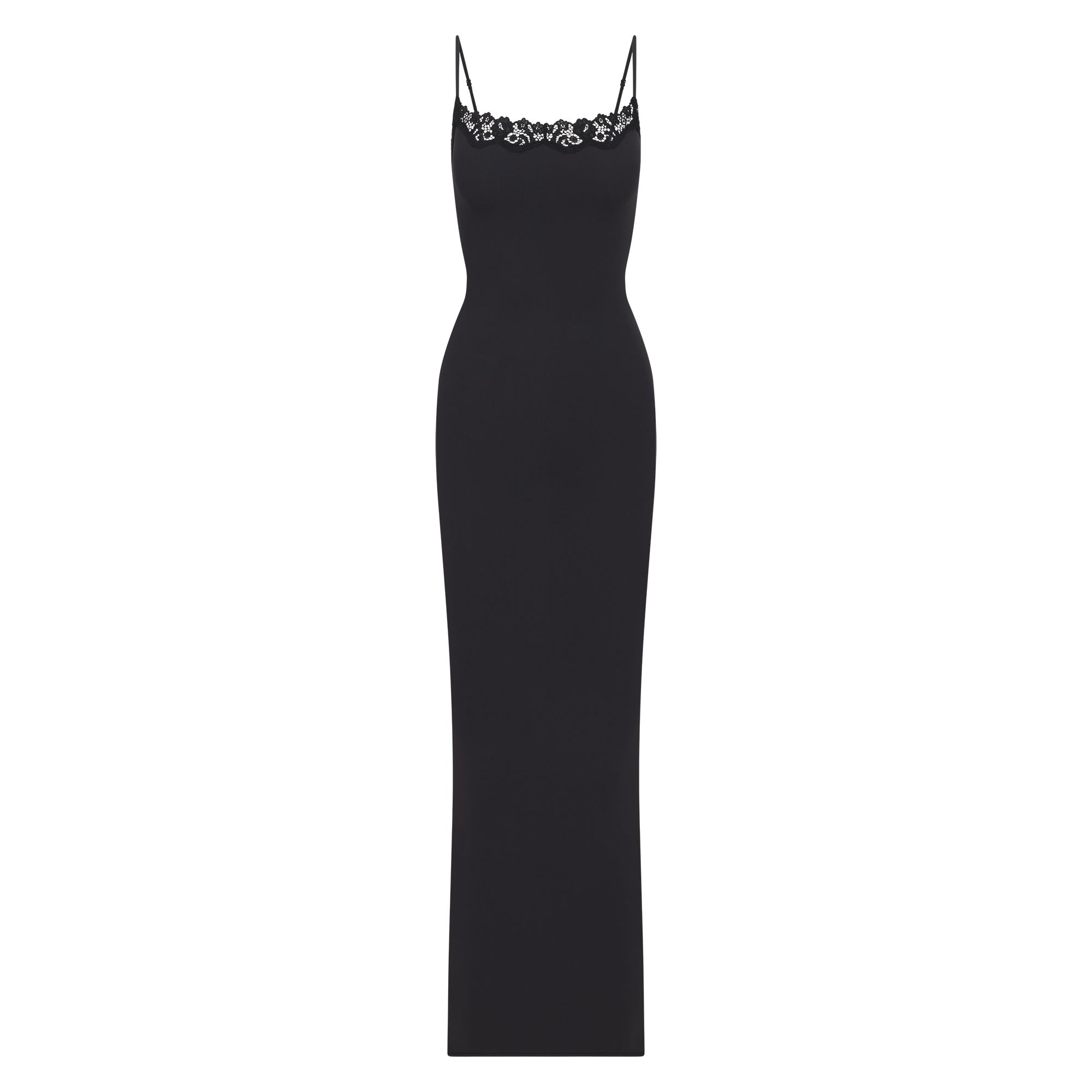FITS EVERYBODY LACE LONG SLIP DRESS | ONYX (LONG DRESSES) LAYS FLAT ON A WHITE BACKGROUND | FLT