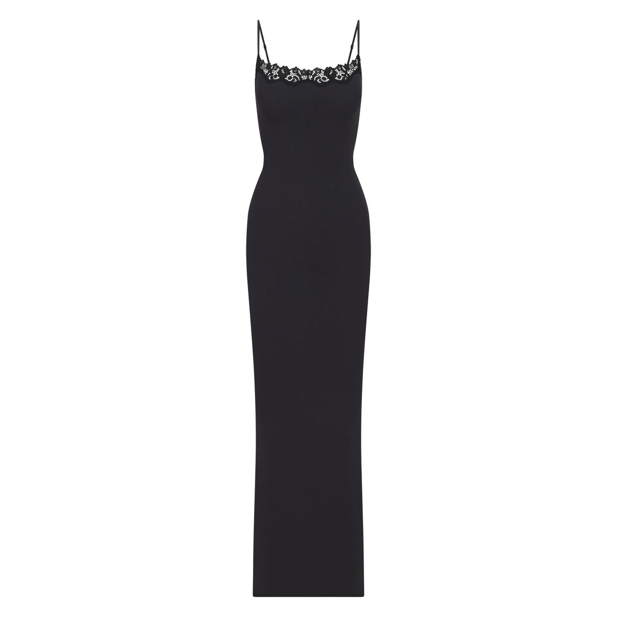 FITS EVERYBODY LACE LONG SLIP DRESS | ONYX (LONG DRESSES) LAYS FLAT ON A WHITE BACKGROUND | FLT