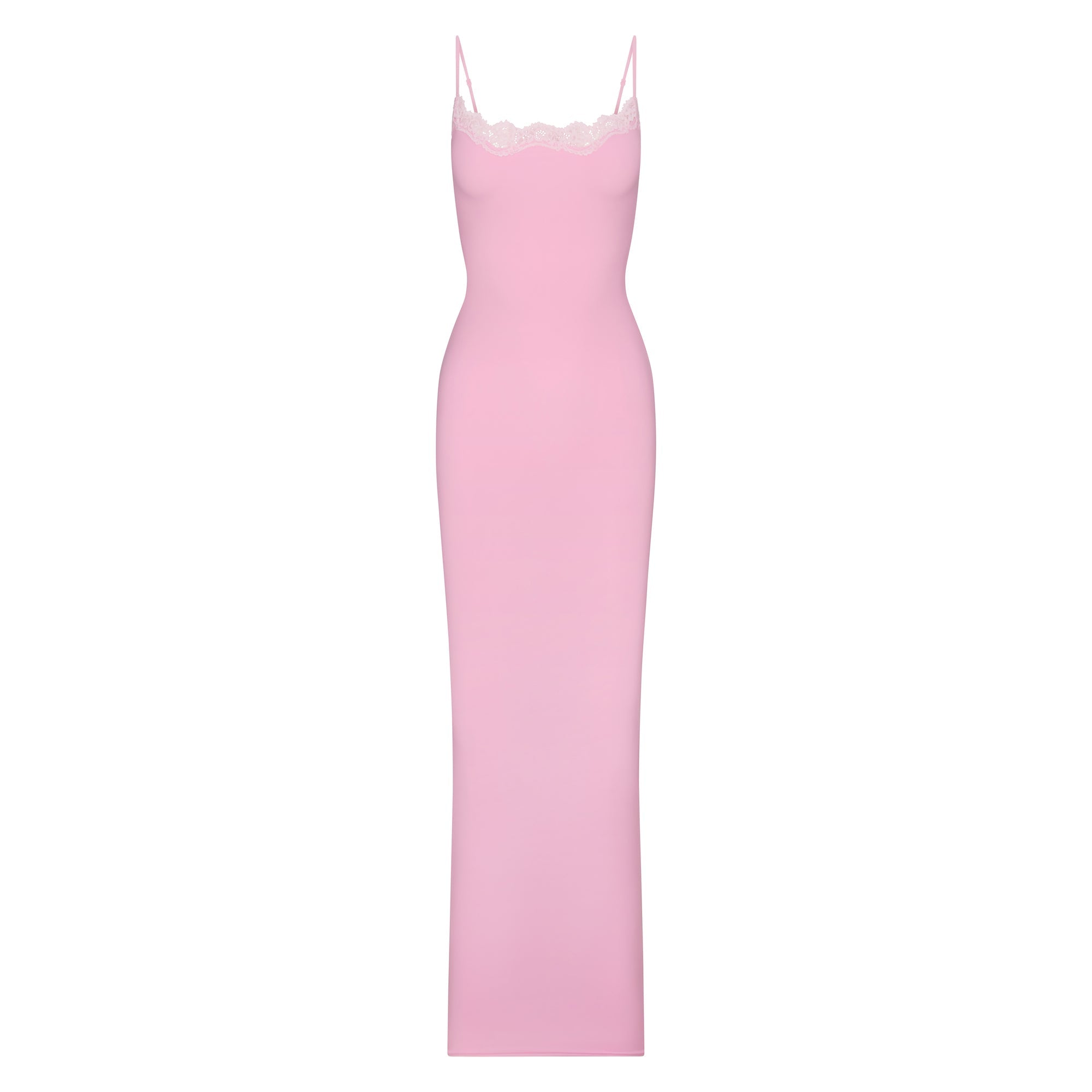 FITS EVERYBODY LACE LONG SLIP DRESS | BUBBLEGUM TONAL FLAT ON A WHITE BACKGROUND @ | FLT