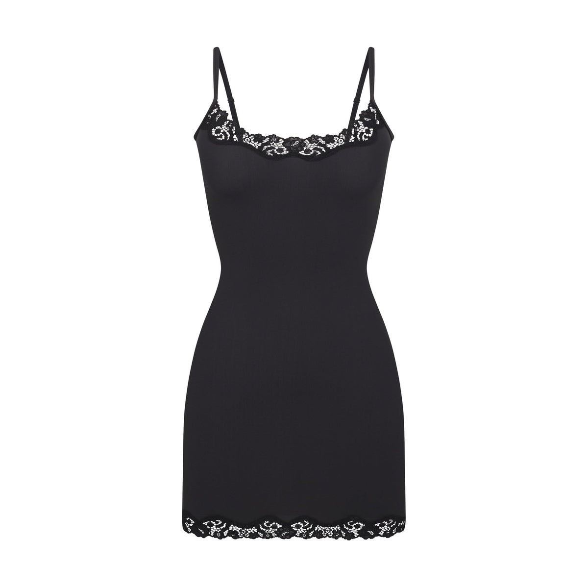 FITS EVERYBODY LACE SLIP DRESS | ONYX (MINI DRESSES) LAYS FLAT ON A WHITE BACKGROUND | FLT