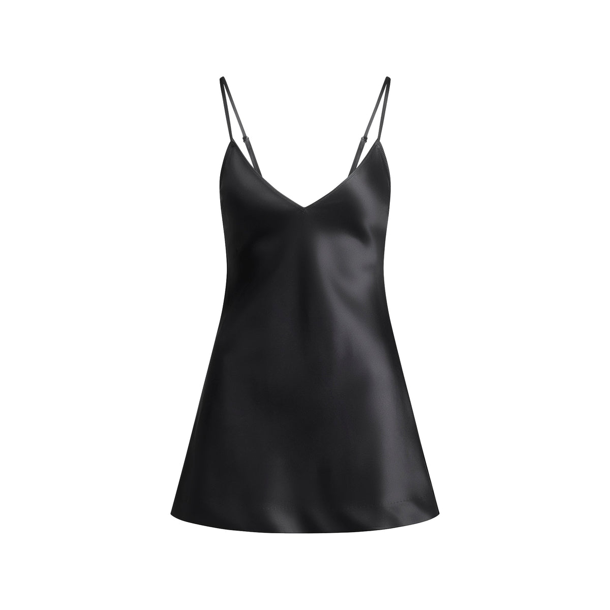 HEAVYWEIGHT SATIN CAMI MINI DRESS | ONYX FLAT ON A WHITE BACKGROUND | FLT