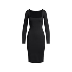 SMOOTH LAYERS SQUARE NECK MIDI DRESS | OBSIDIAN FLAT ON A WHITE BACKGROUND | FLT
