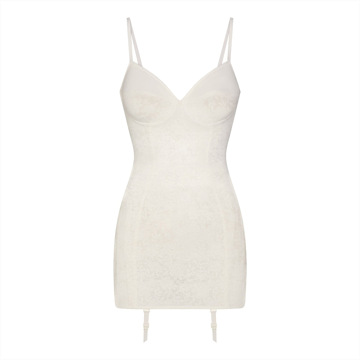 LACE SHAPEWEAR MINI SLIP DRESS | IVORY FLAT ON A WHITE BACKGROUND | FLT