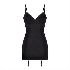 LACE SHAPEWEAR MINI SLIP DRESS | ONYX FLAT ON A WHITE BACKGROUND | FLT