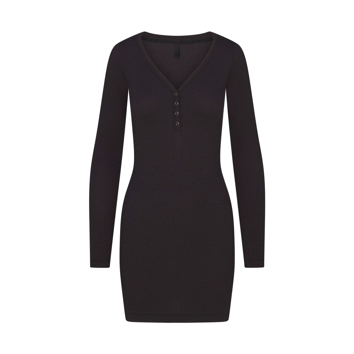 WOOL RIB HENLEY DRESS | OBSIDIAN FLAT ON A WHITE BACKGROUND | FLT