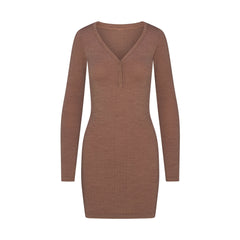 WOOL RIB HENLEY DRESS | SIENNA FLAT ON A WHITE BACKGROUND | FLT