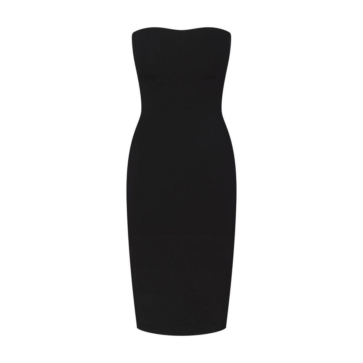 THE ESSENTIAL COLLECTION STRAPLESS MIDI DRESS | OBSIDIAN FLAT ON A WHITE BACKGROUND | FLT