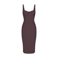 SKIMS BODY MIDI DRESS | RAISIN FLAT ON A WHITE BACKGROUND | FLT