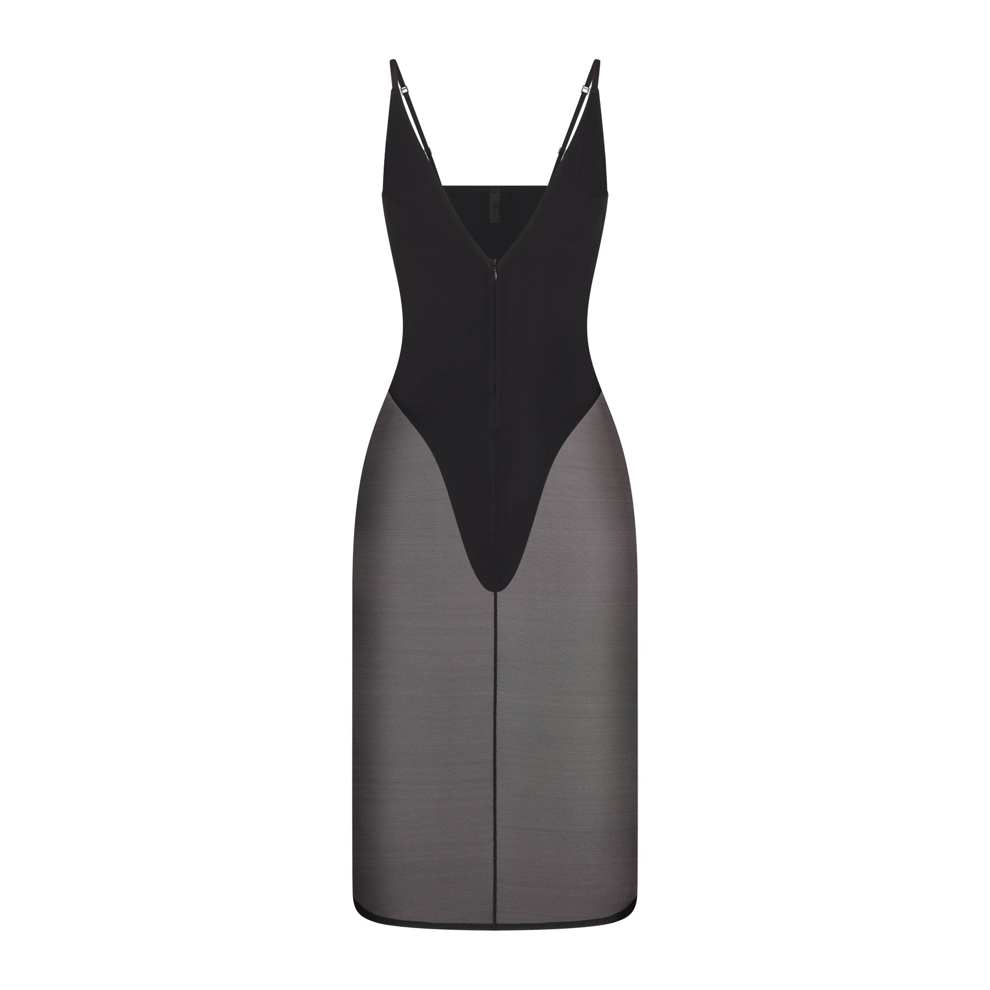 SKIMS BODY MESH PLUNGE MIDI DRESS | ONYX FLAT ON A WHITE BACKGROUND | FLT