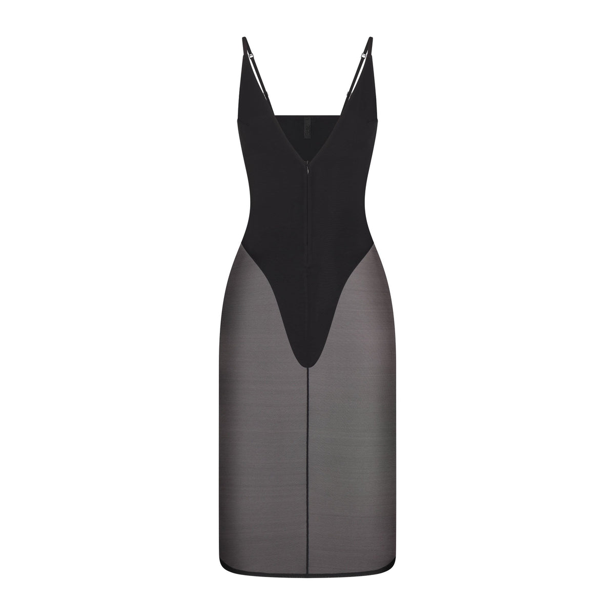 SKIMS BODY MESH PLUNGE MIDI DRESS | ONYX FLAT ON A WHITE BACKGROUND | FLT