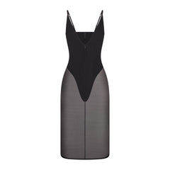 SKIMS BODY MESH PLUNGE MIDI DRESS | ONYX FLAT ON A WHITE BACKGROUND | FLT
