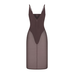 SKIMS BODY MESH PLUNGE MIDI DRESS | RAISIN FLAT ON A WHITE BACKGROUND | FLT