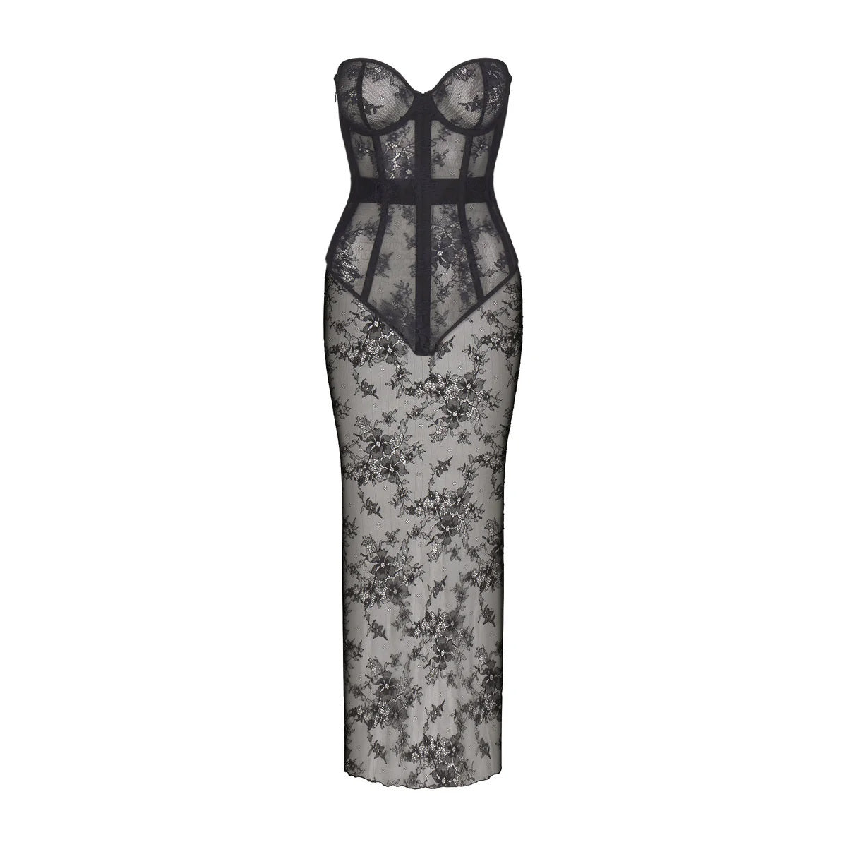 ULTRA FINE LACE STRAPLESS CORSET LONG DRESS | ONYX (LONG DRESSES) FLAT ON A WHITE BACKGROUND | FLT