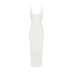 SMOOTH LAYERS SCOOP NECK LONG DRESS | EGRET LAYS FLAT ON A WHITE BACKGROUND | FLT