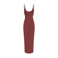 SMOOTH LAYERS SCOOP NECK LONG DRESS | HENNA LAYS FLAT ON A WHITE BACKGROUND | FLT