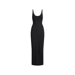 SMOOTH LAYERS SKIMPY SCOOP NECK LONG DRESS | OBSIDIAN FLAT ON A WHITE BACKGROUND | FLT
