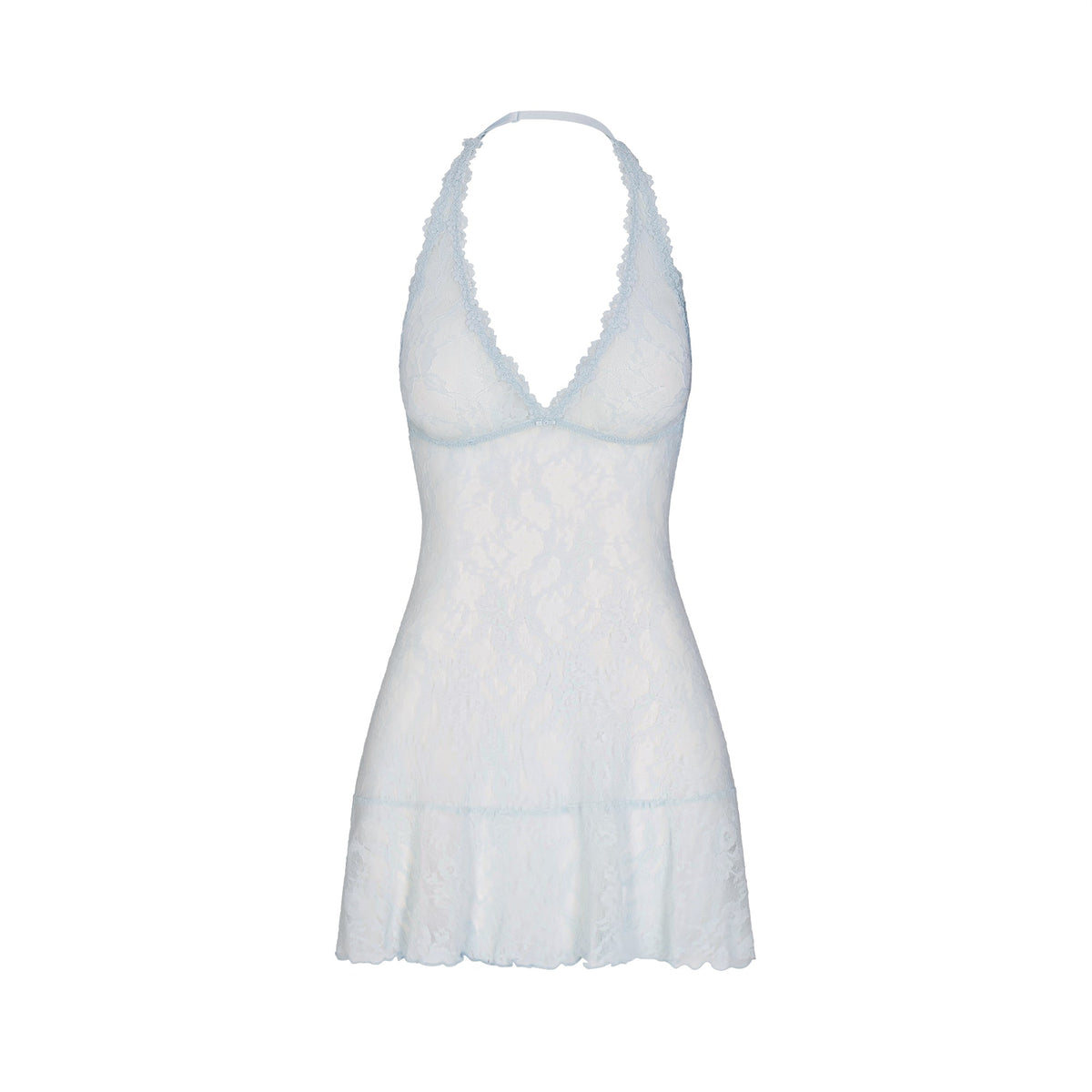 STRETCH LACE HALTER MINI DRESS | POWDER BLUE FLAT ON A WHITE BACKGROUND | FLT