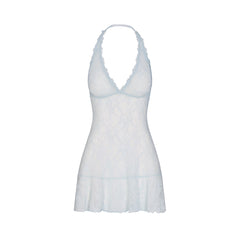 STRETCH LACE HALTER MINI DRESS | POWDER BLUE FLAT ON A WHITE BACKGROUND | FLT