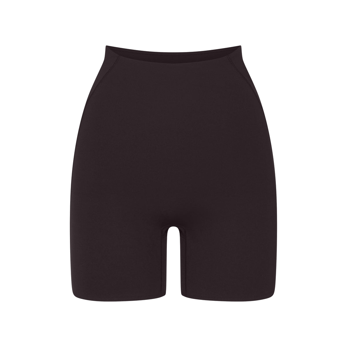 NikeSKIMS STUDIO STRETCH 5" BIKER SHORT | DARK ROAST LAYS FLAT ON A WHITE BACKGROUND | FLT