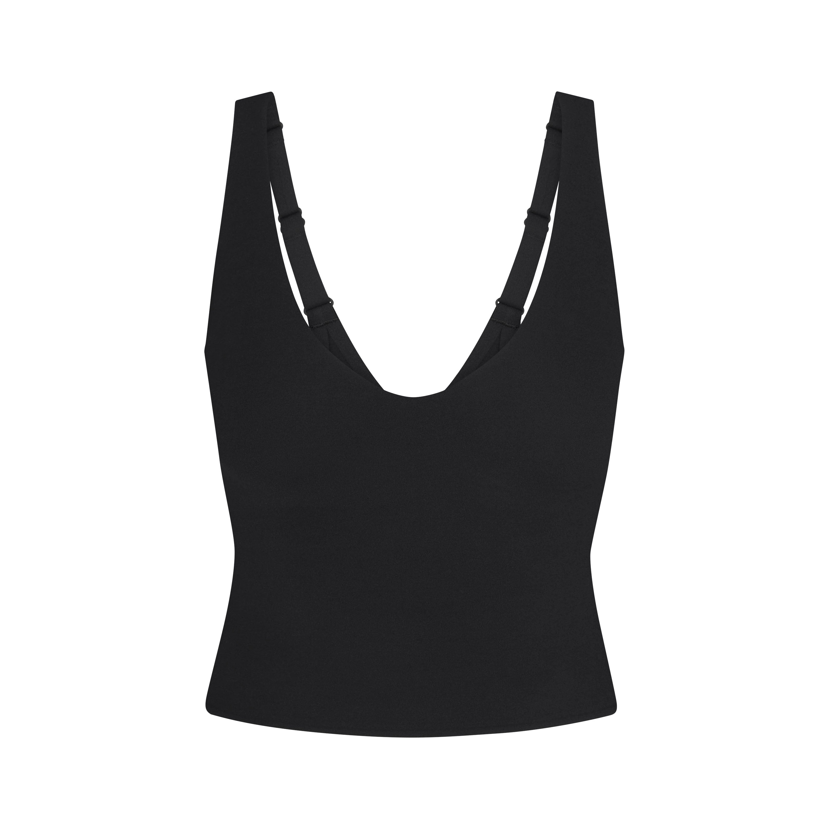 NikeSKIMS STUDIO STRETCH PLUNGE TANK | OBSIDIAN LAYS FLAT ON A WHITE BACKGROUND | FLT