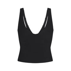 NikeSKIMS STUDIO STRETCH PLUNGE TANK | OBSIDIAN LAYS FLAT ON A WHITE BACKGROUND | FLT