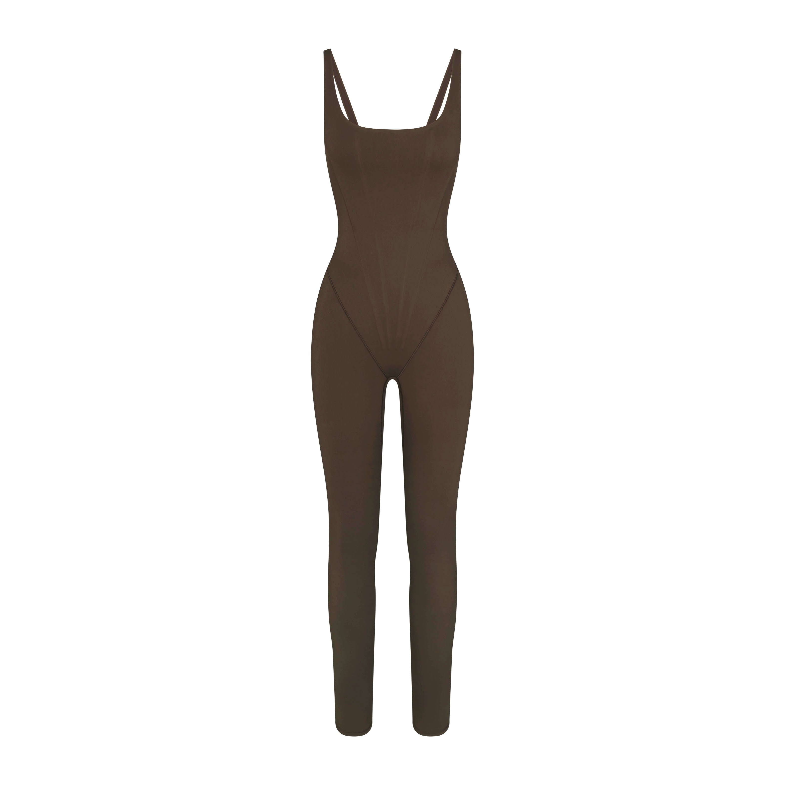 NikeSKIMS MATTE CORSET 29" ONE PIECE | DARK SEPIA LAYS FLAT ON A WHITE BACKGROUND | FLT