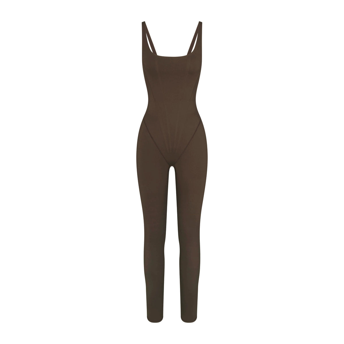 NikeSKIMS MATTE CORSET 29" ONE PIECE | DARK SEPIA LAYS FLAT ON A WHITE BACKGROUND | FLT