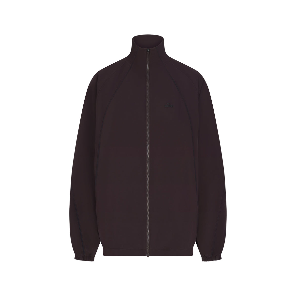 NikeSKIMS STRETCH NYLON OVERSIZED TRACK JACKET | DARK ROAST & LAYS FLAT ON A WHITE BACKGROUND | FLT