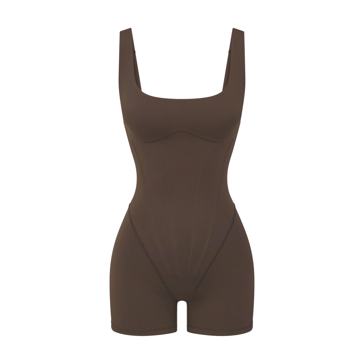 NikeSKIMS MATTE CORSET 2" ONE PIECE | DARK SEPIA LAYS FLAT ON A WHITE BACKGROUND | FLT