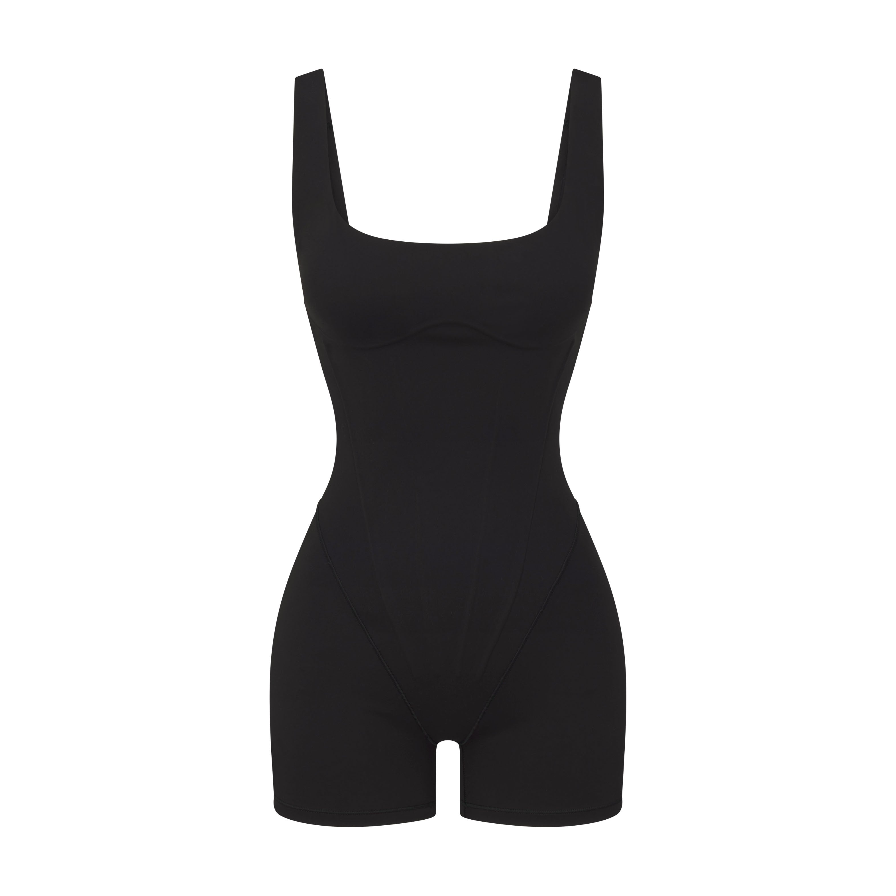 NikeSKIMS MATTE CORSET 2" ONE PIECE | OBSIDIAN LAYS FLAT ON A WHITE BACKGROUND | FLT