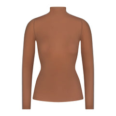 NikeSKIMS WEIGHTLESS LAYERS MOCK NECK LONG SLEEVE TOP | CAROB BRN & LAYS FLAT ON A WHITE BACKGROUND | FLT