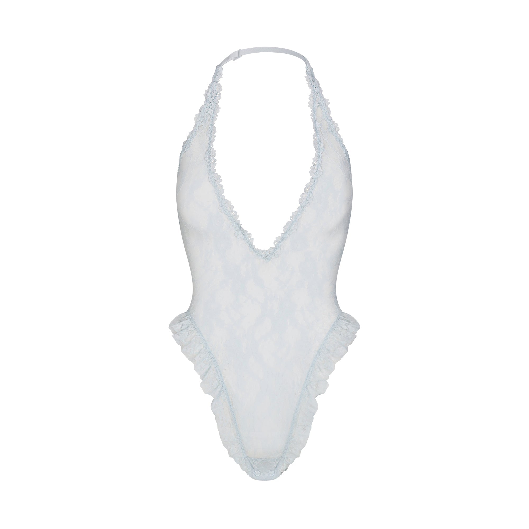 STRETCH LACE DEEP PLUNGE TEDDY | POWDER BLUE FLAT ON A WHITE BACKGROUND | FLT