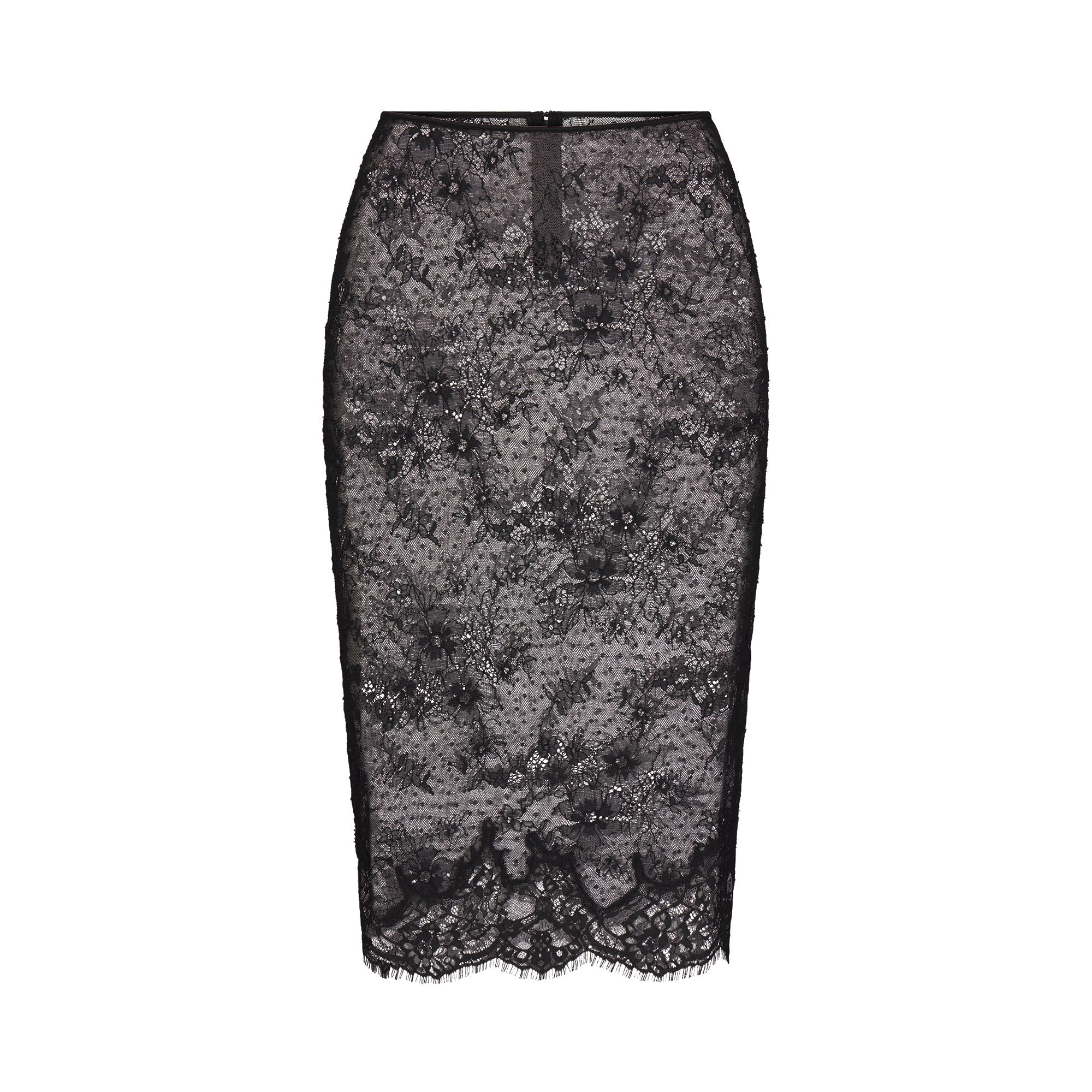 ULTRA FINE LACE MIDI SKIRT | OBSIDIAN FLAT ON A WHITE BACKGROUND | FLT