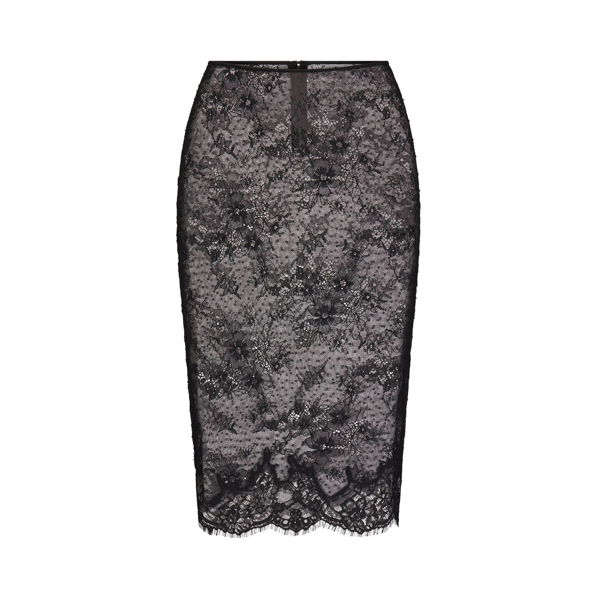 ULTRA FINE LACE MIDI SKIRT | OBSIDIAN FLAT ON A WHITE BACKGROUND | FLT