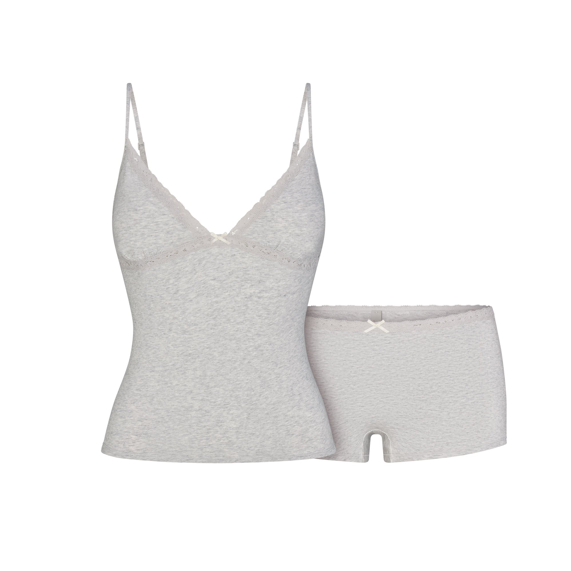 LIGHTWEIGHT COTTON LACE CAMI AND BOY SHORT SET | LIGHT HEATHER GREY FLT @ | FOCUS: 0.0, 1.0, 0.9