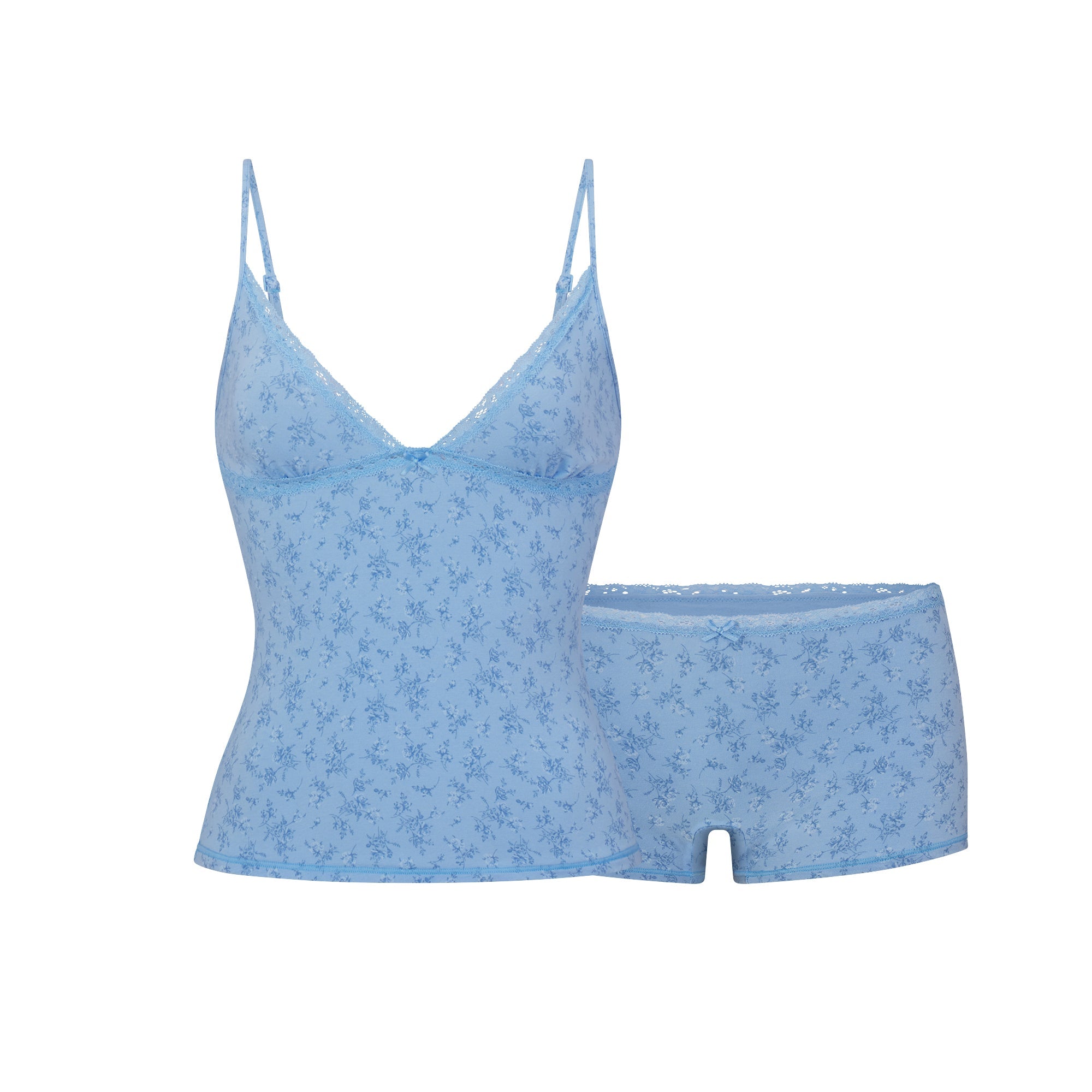 LIGHTWEIGHT COTTON LACE CAMI AND BOY SHORT SET | SURF DAINTY FLORAL PRINT FLAT ON A WHITE BACKGROUND | FLT