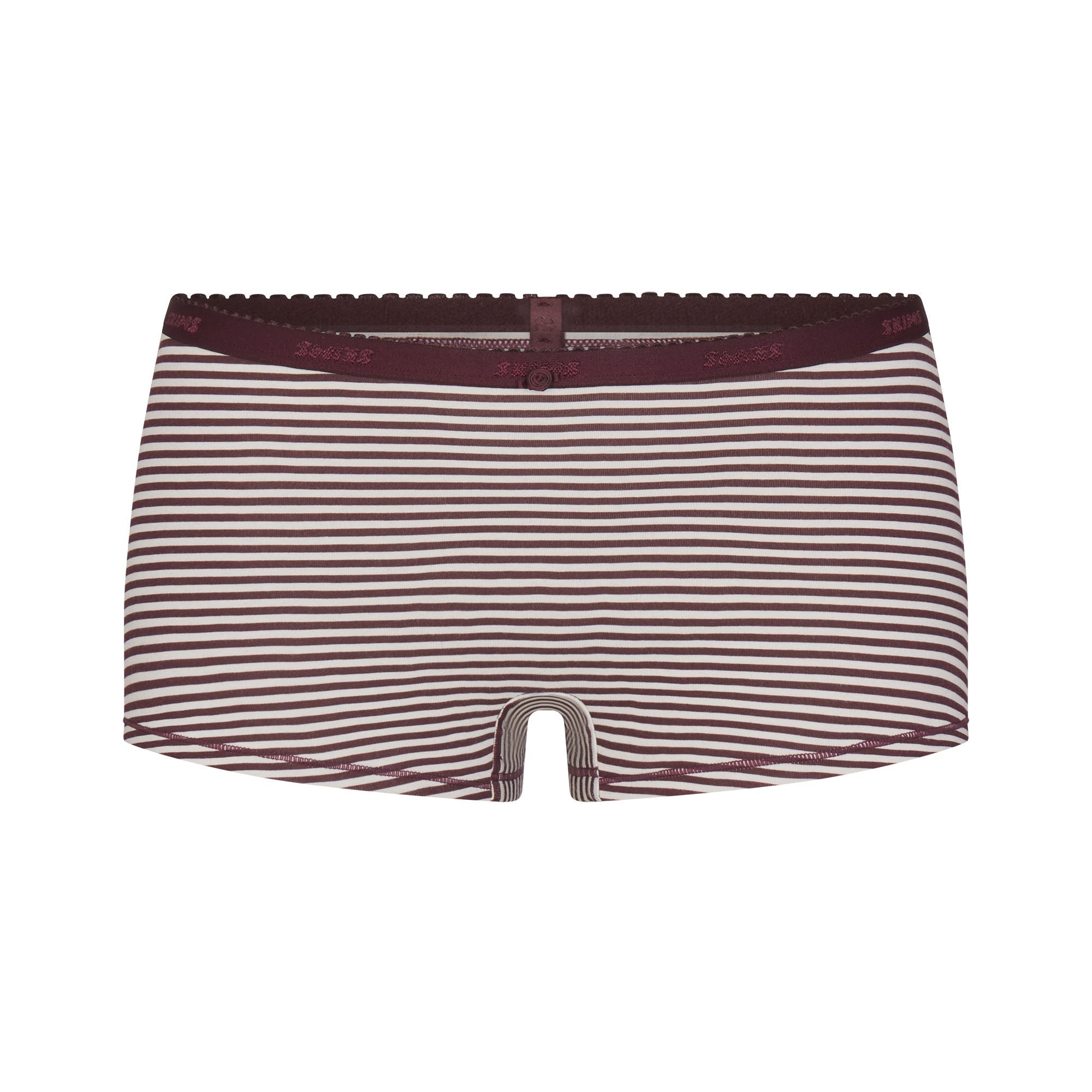 LIGHTWEIGHT COTTON LOGO PICOT CAMI AND BOY SHORT SET | CURRANT FEEDER STRIPE & LAYS FLAT ON A WHITE BACKGROUND | FLT