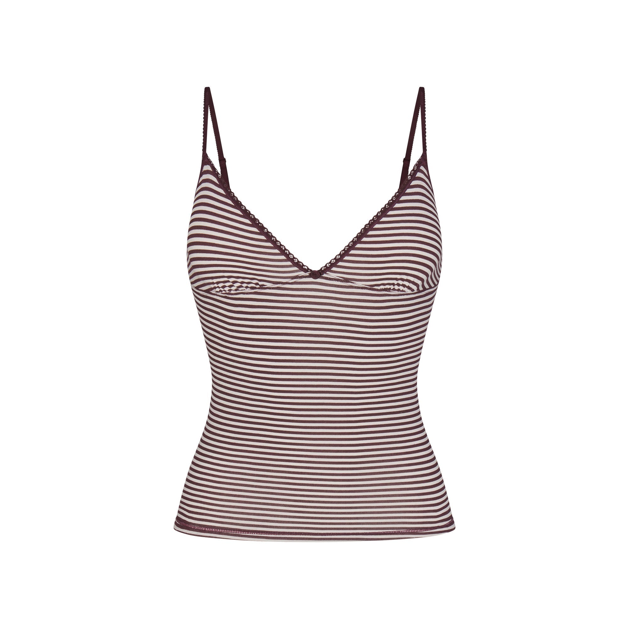 LIGHTWEIGHT COTTON LOGO PICOT CAMI AND BOY SHORT SET | CURRANT FEEDER STRIPE & LAYS FLAT ON A WHITE BACKGROUND | FLT