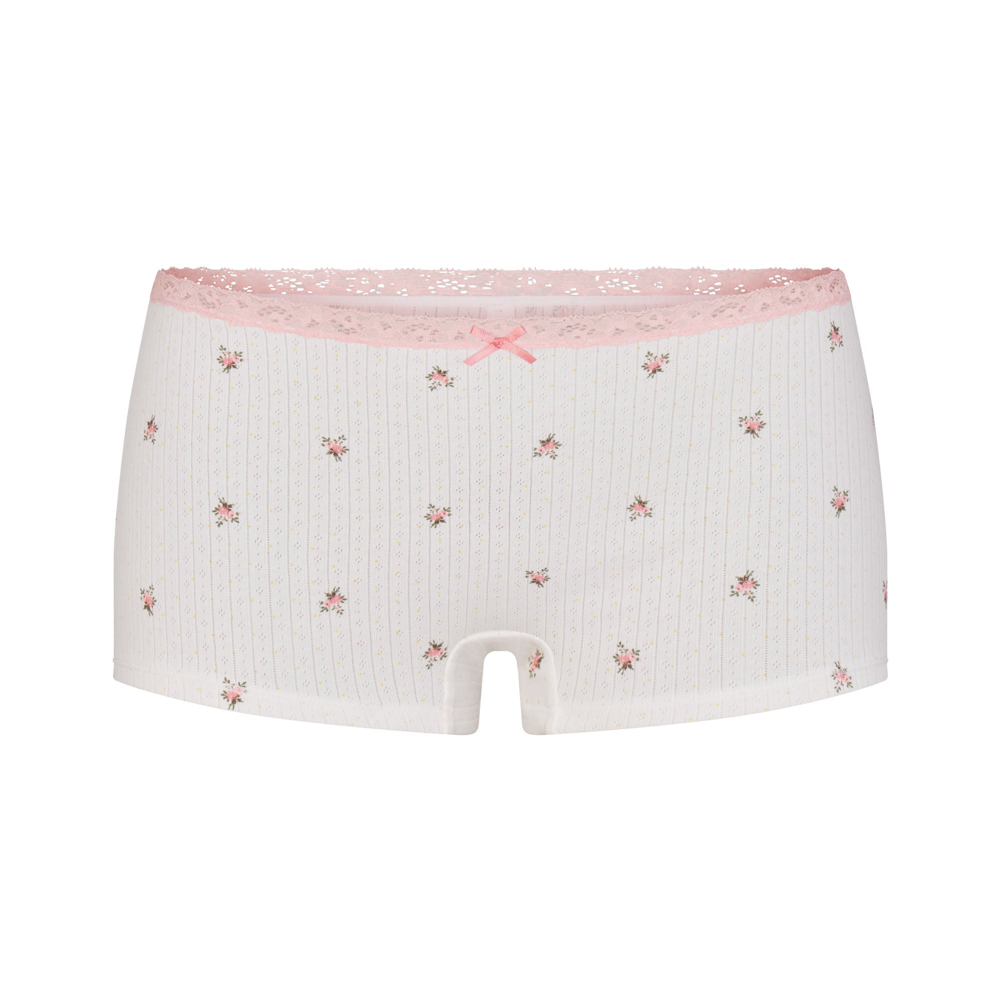 LIGHTWEIGHT COTTON POINTELLE LACE CAMI AND BOY SHORT SET | SNOW MICRO DOT FLORAL & LAYS FLAT ON A WHITE BACKGROUND | FLT