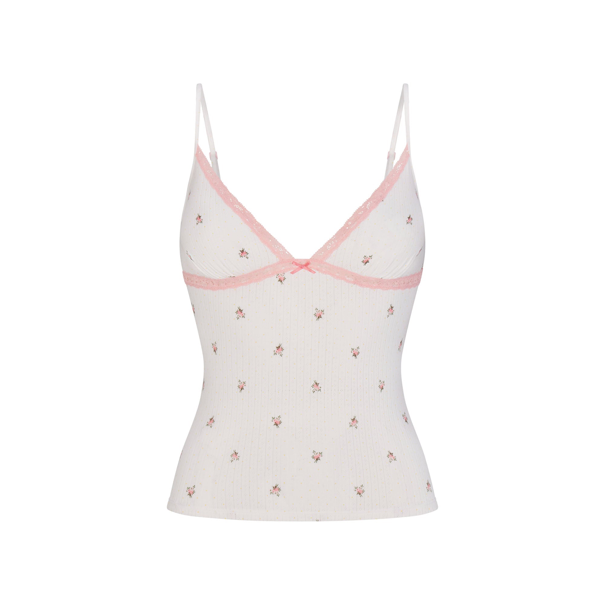 LIGHTWEIGHT COTTON POINTELLE LACE CAMI AND BOY SHORT SET | SNOW MICRO DOT FLORAL & LAYS FLAT ON A WHITE BACKGROUND | FLT