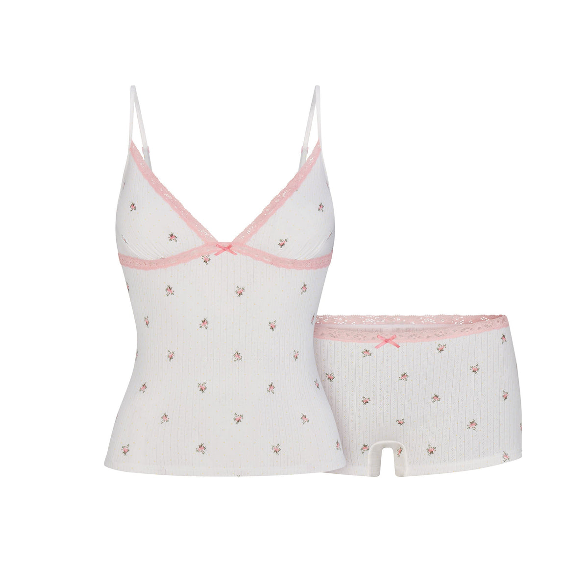 LIGHTWEIGHT COTTON POINTELLE LACE CAMI AND BOY SHORT SET | SNOW MICRO DOT FLORAL & LAYS FLAT ON A WHITE BACKGROUND | FLT