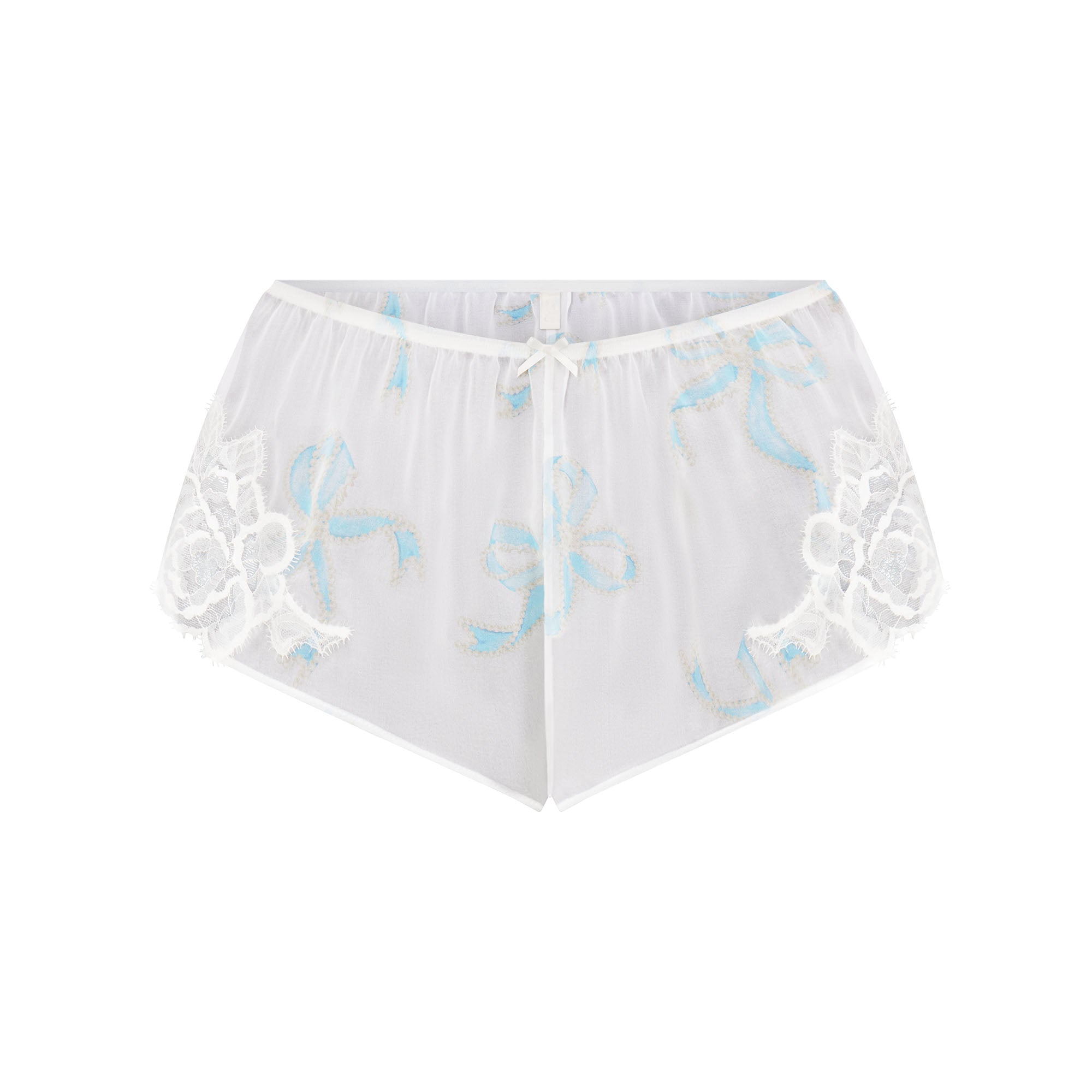 SKIMS ROMANCE CAMI AND SHORT SET | IVORY PEARL BOWS PRINT FLAT ON A WHITE BACKGROUND | FLT
