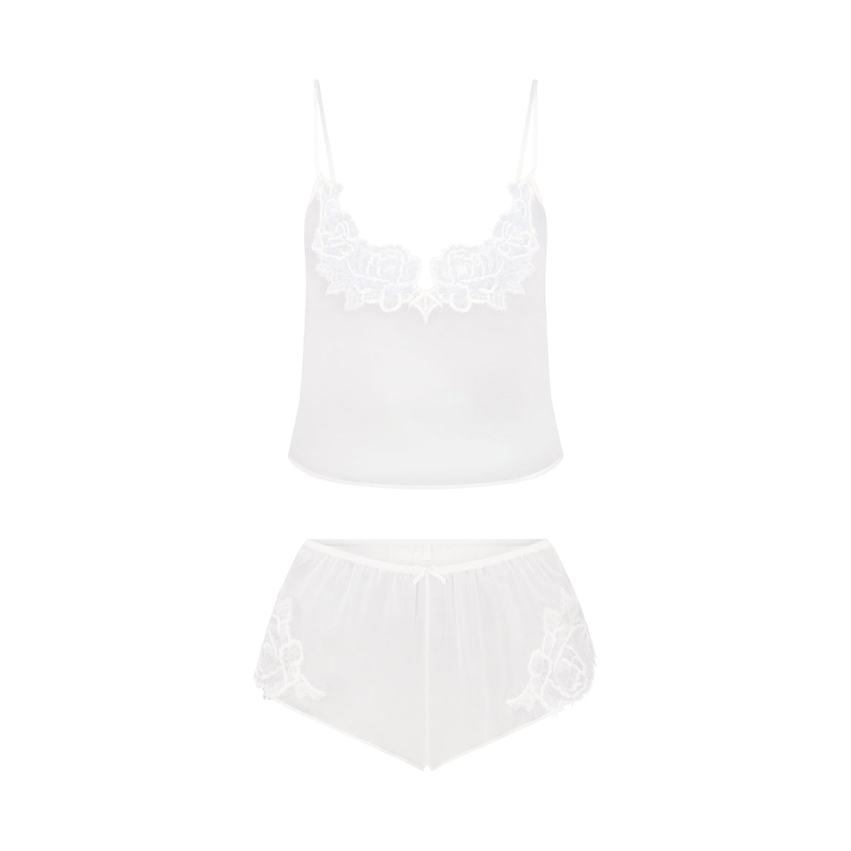 SKIMS ROMANCE CAMI AND SHORT SET | IVORY FLAT ON A WHITE BACKGROUND | FLT