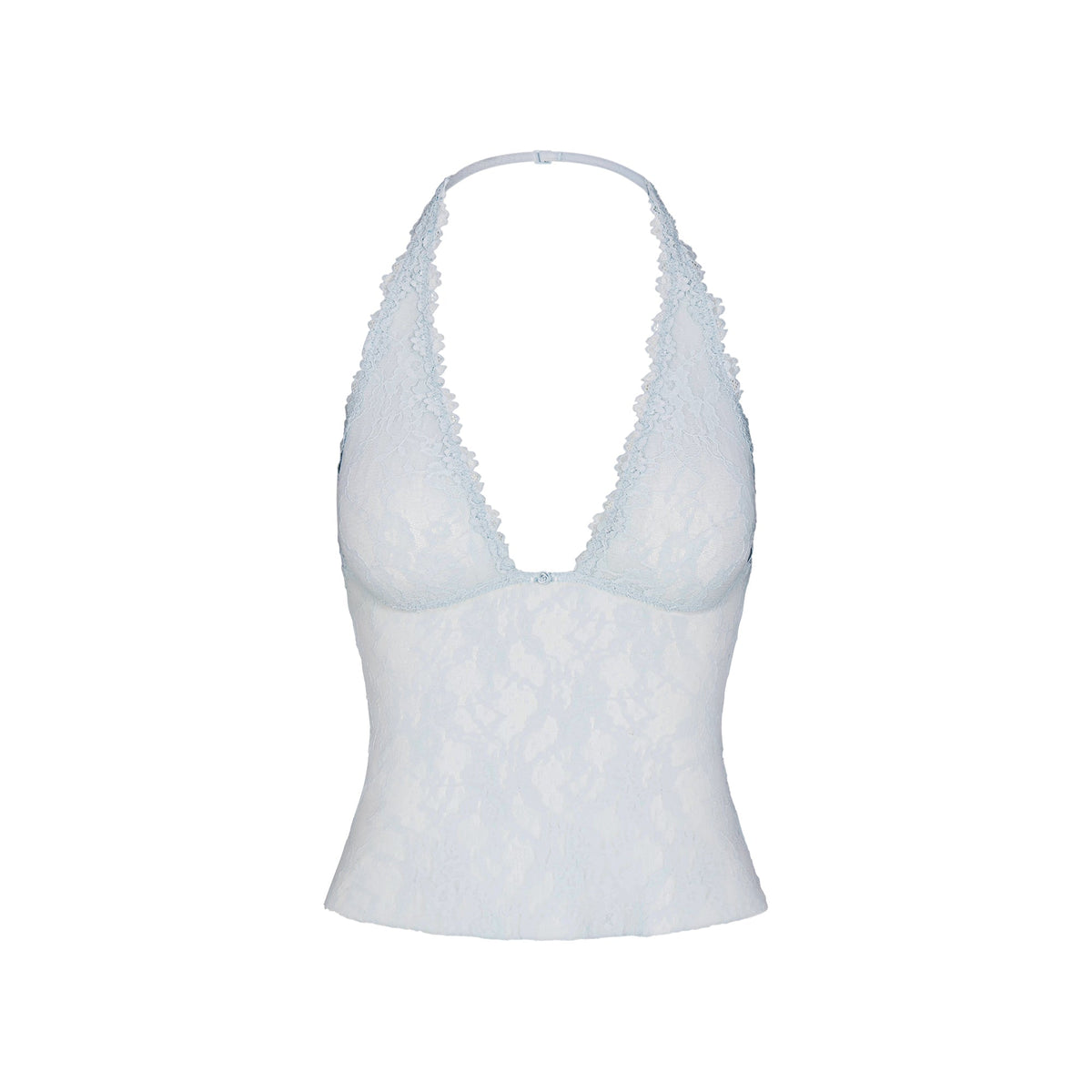 STRETCH LACE HALTER CAMI | POWDER BLUE FLAT ON A WHITE BACKGROUND | FLT