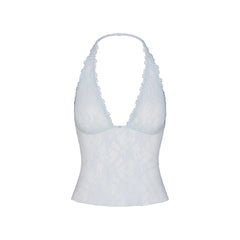 STRETCH LACE HALTER CAMI | POWDER BLUE FLAT ON A WHITE BACKGROUND | FLT