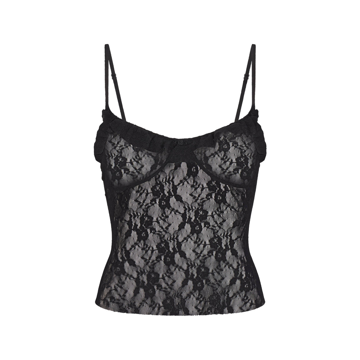 STRETCH LACE RUFFLE CAMI | SOOT FLAT ON A WHITE BACKGROUND | FLT