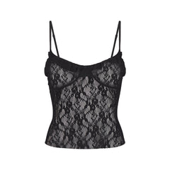 STRETCH LACE RUFFLE CAMI | SOOT FLAT ON A WHITE BACKGROUND | FLT