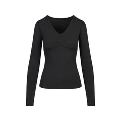 COTTON JERSEY SHIRRED BUST LONG SLEEVE | SOOT FLAT ON A WHITE BACKGROUND | FLT