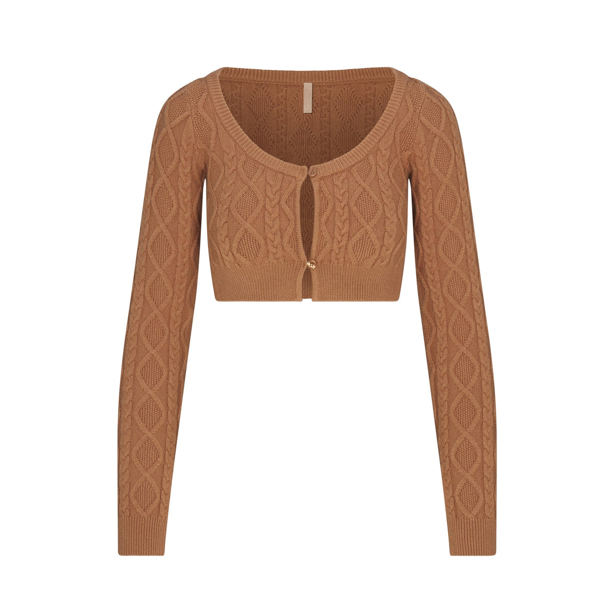 SWEATER KNIT CROPPED CARDIGAN | DARK HONEY FLAT ON A WHITE BACKGROUND | FLT
